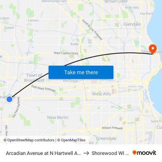 Arcadian Avenue at N Hartwell Avenue to Shorewood WI USA map