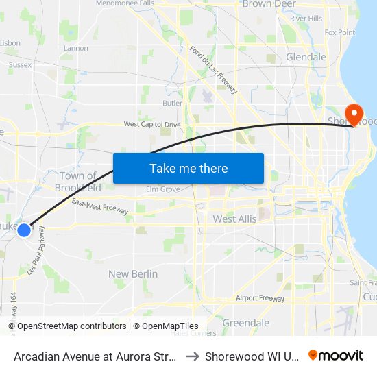 Arcadian Avenue at Aurora Street to Shorewood WI USA map