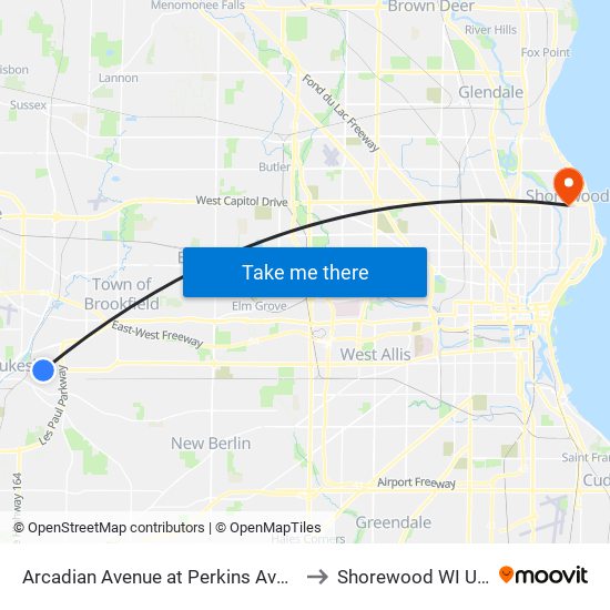 Arcadian Avenue at Perkins Avenue to Shorewood WI USA map