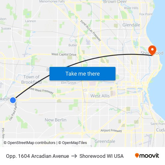 Opp. 1604 Arcadian Avenue to Shorewood WI USA map