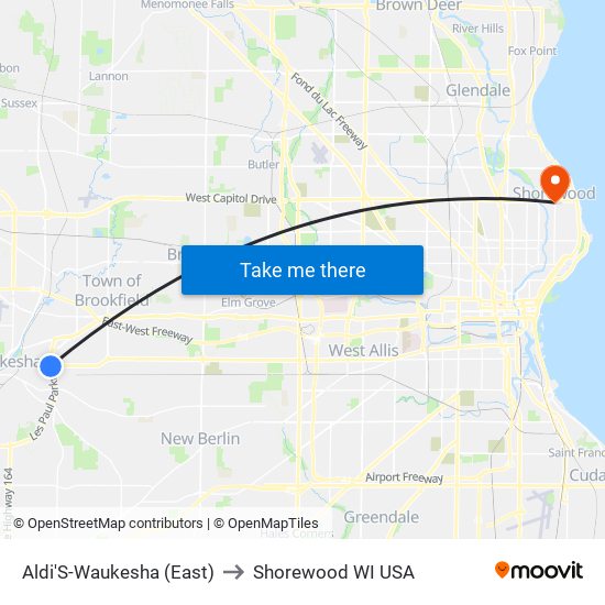 Aldi'S-Waukesha (East) to Shorewood WI USA map