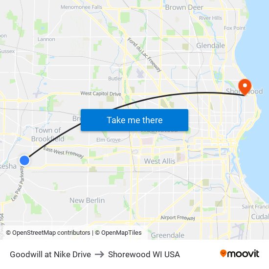 Goodwill at Nike Drive to Shorewood WI USA map