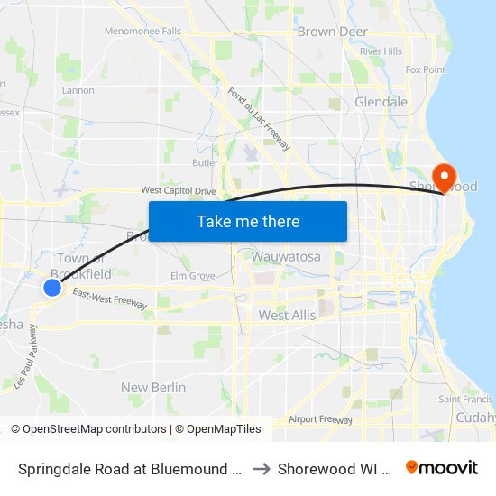 Springdale Road at Bluemound Road to Shorewood WI USA map