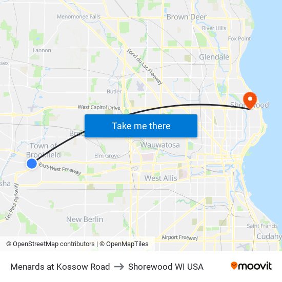 Menards at Kossow Road to Shorewood WI USA map