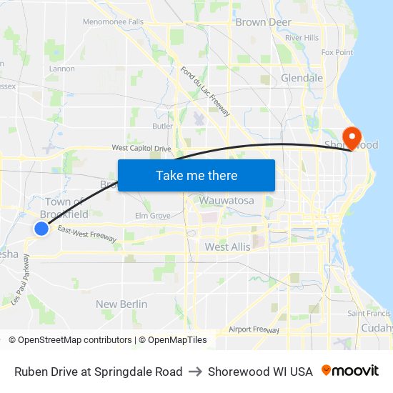Ruben Drive at Springdale Road to Shorewood WI USA map