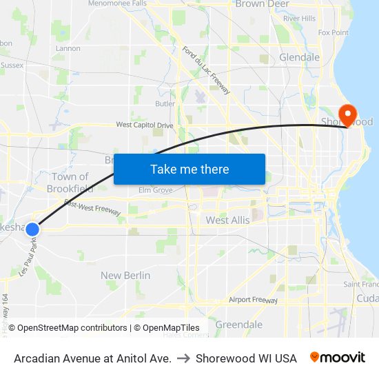 Arcadian Avenue at Anitol Ave. to Shorewood WI USA map