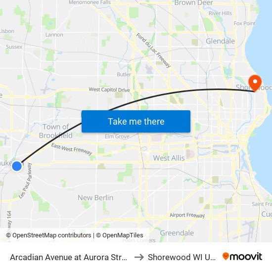 Arcadian Avenue at Aurora Street to Shorewood WI USA map