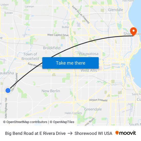 Big Bend Road at E Rivera Drive to Shorewood WI USA map