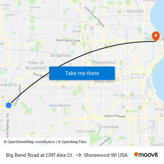 Big Bend Road at Cliff Alex Ct. to Shorewood WI USA map