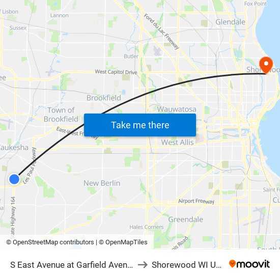 S East Avenue at Garfield Avenue to Shorewood WI USA map