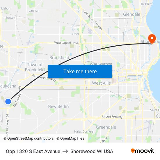 Opp 1320 S East Avenue to Shorewood WI USA map