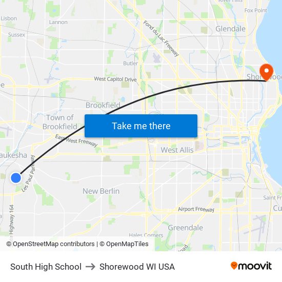 South High School to Shorewood WI USA map