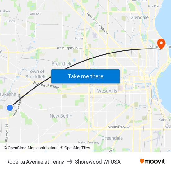 Roberta Avenue at Tenny to Shorewood WI USA map