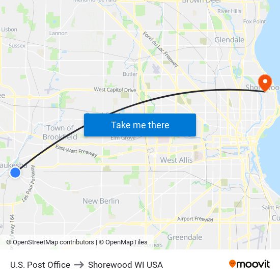 U.S. Post Office to Shorewood WI USA map