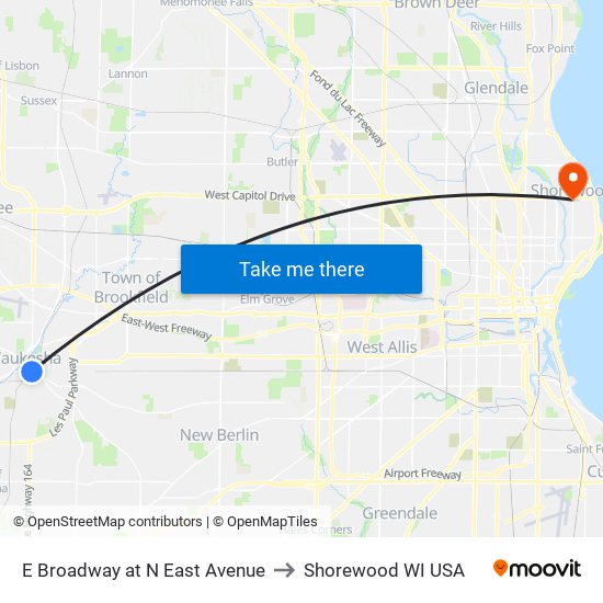 E Broadway at N East Avenue to Shorewood WI USA map
