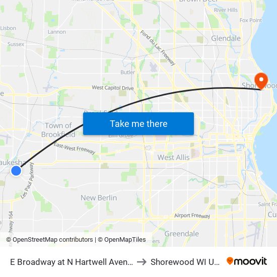 E Broadway at N Hartwell Avenue to Shorewood WI USA map