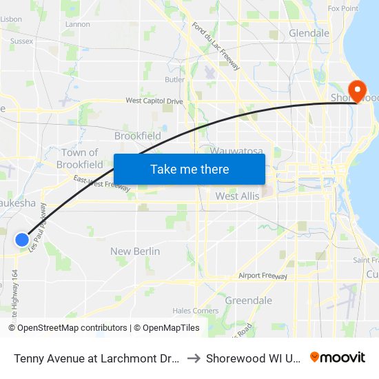 Tenny Avenue at Larchmont Drive to Shorewood WI USA map