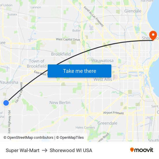 Super Wal-Mart to Shorewood WI USA map
