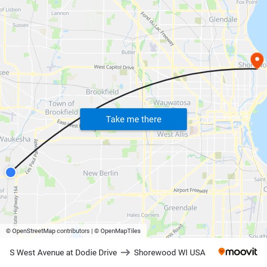 S West Avenue at Dodie Drive to Shorewood WI USA map