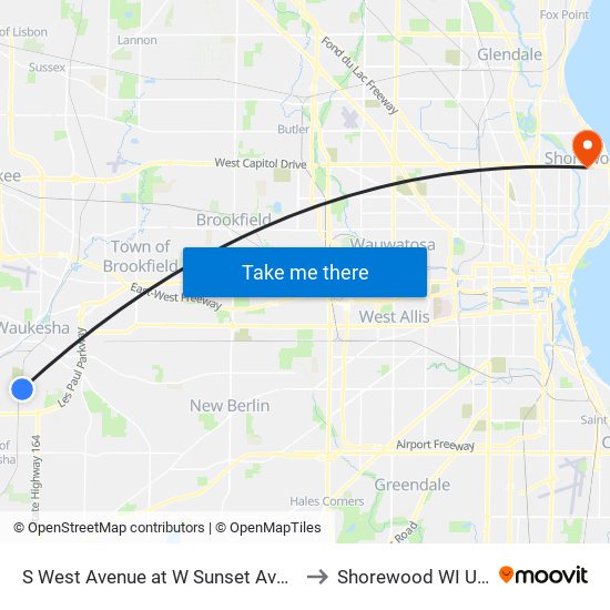 S West Avenue at W Sunset Avenue to Shorewood WI USA map