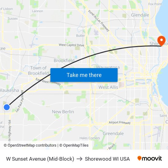 W Sunset Avenue (Mid-Block) to Shorewood WI USA map