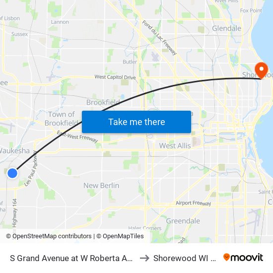 S Grand Avenue at W Roberta Avenue to Shorewood WI USA map