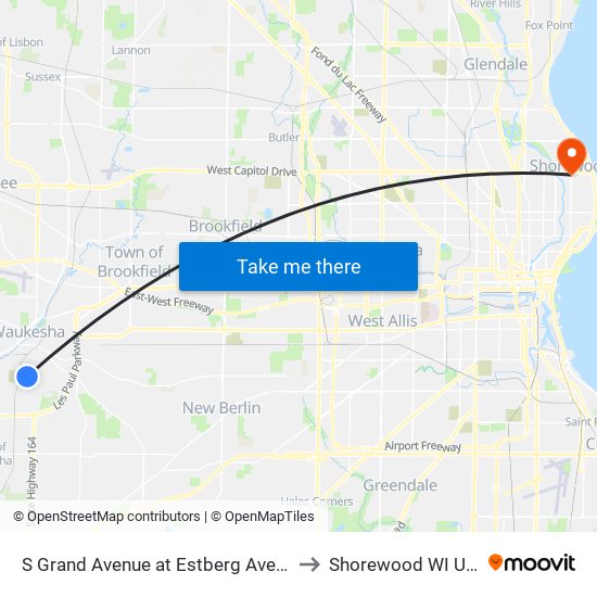 S Grand Avenue at Estberg Avenue to Shorewood WI USA map