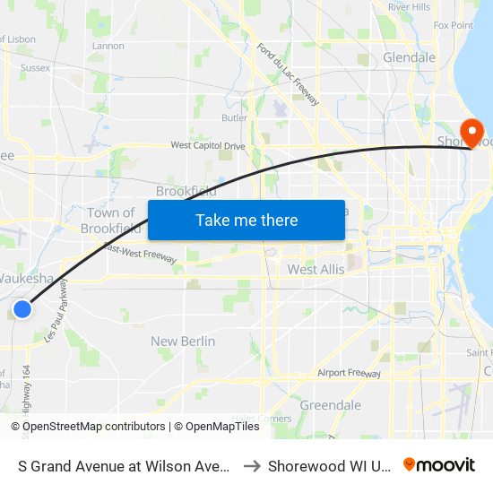 S Grand Avenue at Wilson Avenue to Shorewood WI USA map