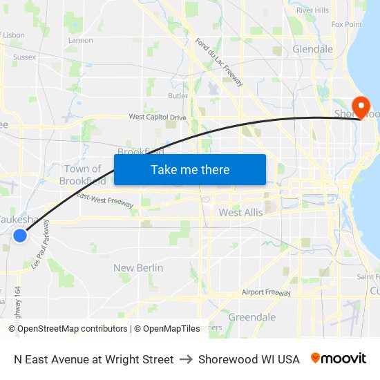 N East Avenue at Wright Street to Shorewood WI USA map