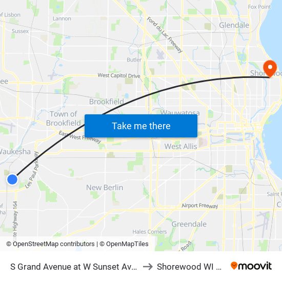 S Grand Avenue at W Sunset Avenue to Shorewood WI USA map