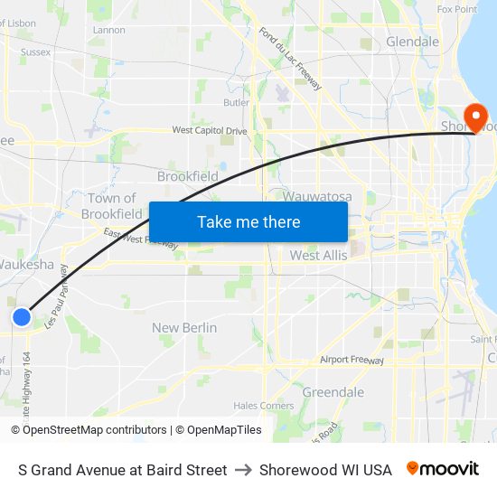 S Grand Avenue at Baird Street to Shorewood WI USA map