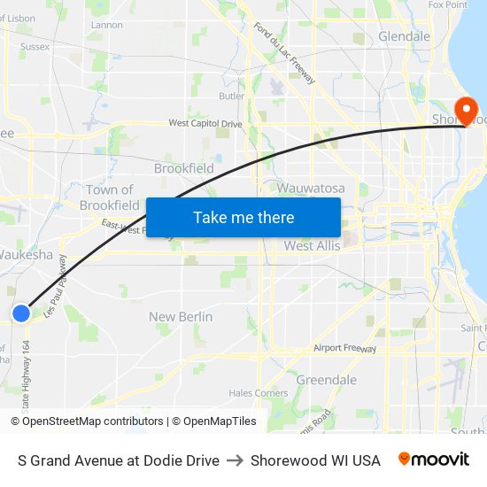 S Grand Avenue at Dodie Drive to Shorewood WI USA map