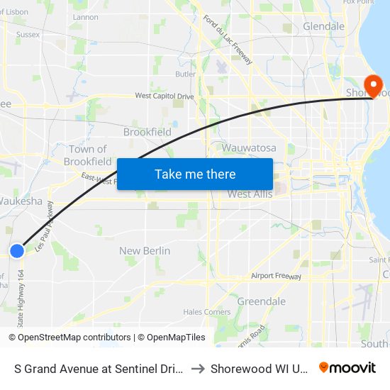 S Grand Avenue at Sentinel Drive to Shorewood WI USA map