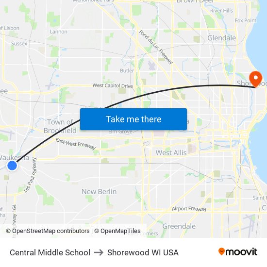 Central Middle School to Shorewood WI USA map