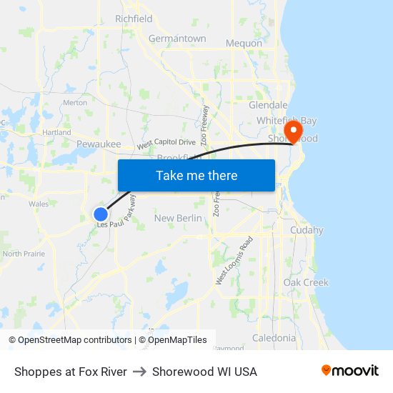 Shoppes at Fox River to Shorewood WI USA map