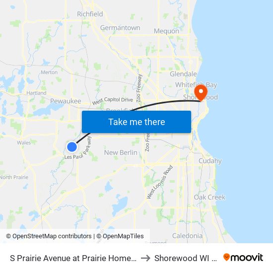 S Prairie Avenue at Prairie Home Drive to Shorewood WI USA map