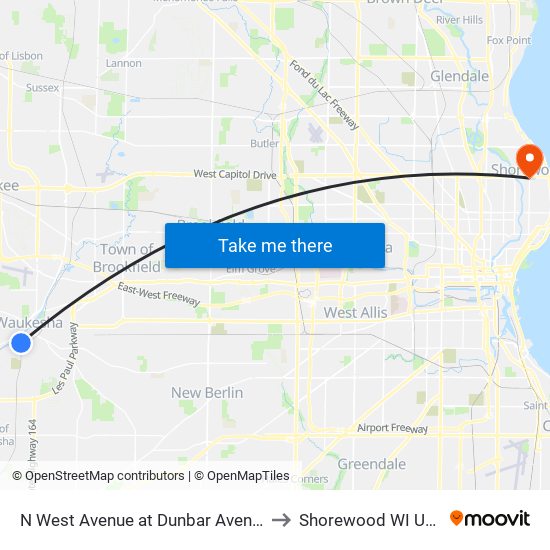 N West Avenue at Dunbar Avenue to Shorewood WI USA map