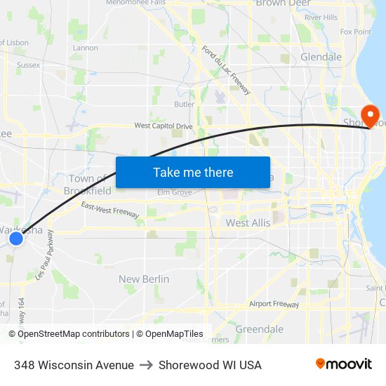 348 Wisconsin Avenue to Shorewood WI USA map