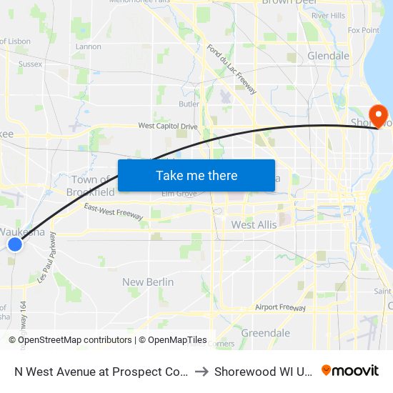 N West Avenue at Prospect Court to Shorewood WI USA map