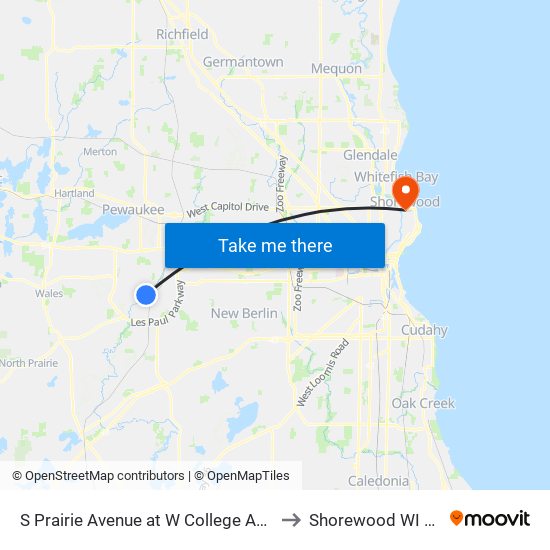 S Prairie Avenue at W College Avenue to Shorewood WI USA map