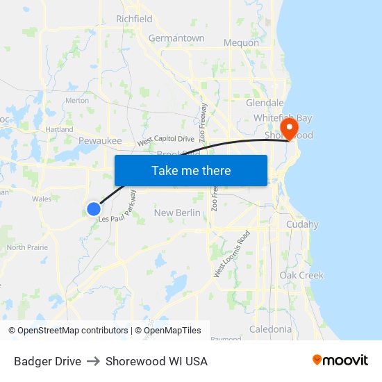 Badger Drive to Shorewood WI USA map