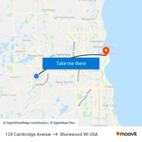 128 Cambridge Avenue to Shorewood WI USA map