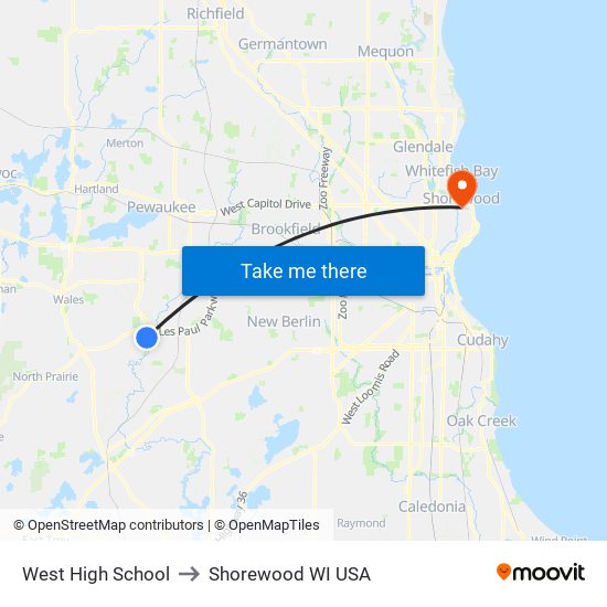 West High School to Shorewood WI USA map
