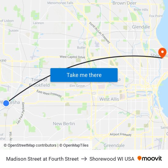 Madison Street at Fourth Street to Shorewood WI USA map