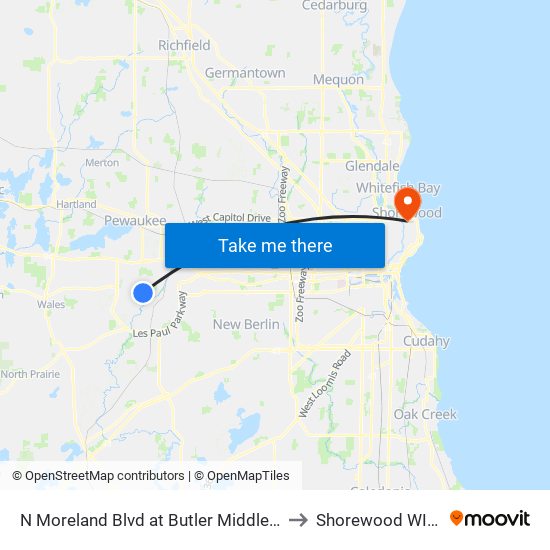 N Moreland Blvd at Butler Middle School to Shorewood WI USA map