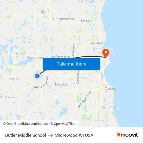 Butler Middle School to Shorewood WI USA map