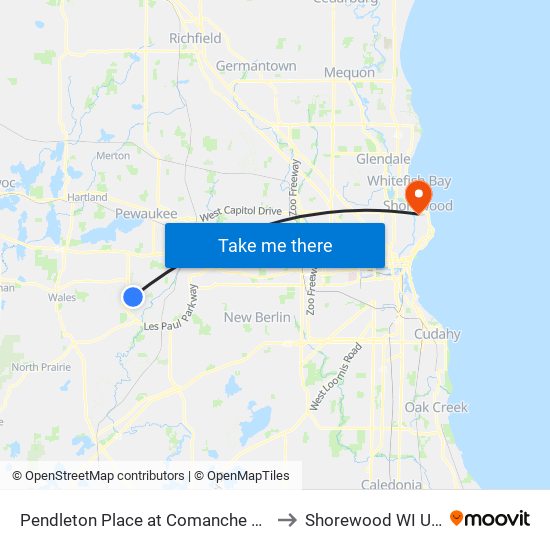 Pendleton Place at Comanche Lane to Shorewood WI USA map