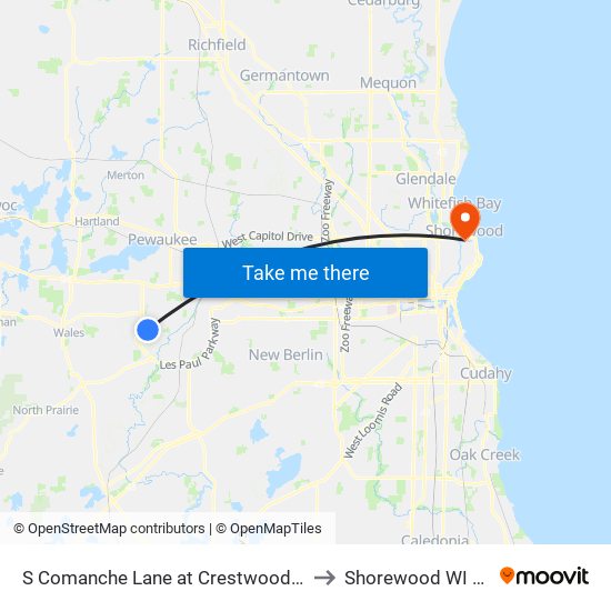 S Comanche Lane at Crestwood Drive to Shorewood WI USA map