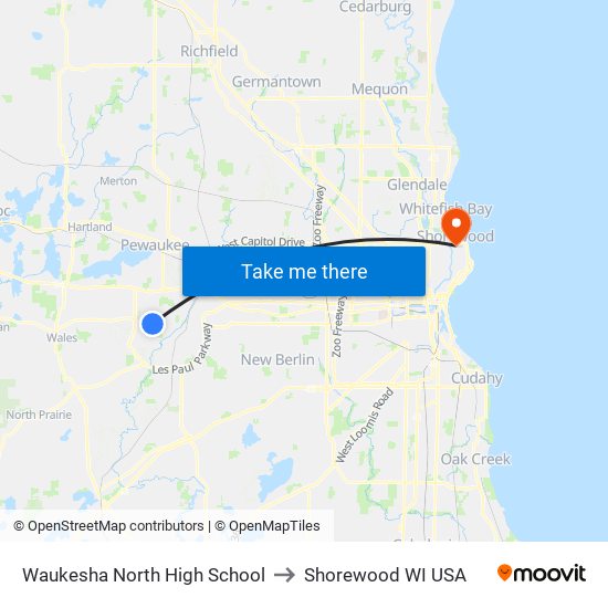 Waukesha North High School to Shorewood WI USA map
