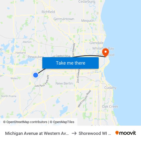 Michigan Avenue at Western Avenue to Shorewood WI USA map